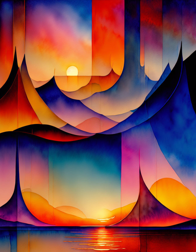 Vivid Abstract Sunset Scene with Stylized Waves and Sun Reflection