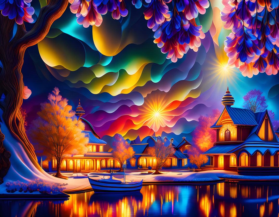 Colorful Fantasy Landscape with Illuminated Buildings and Oversized Flora