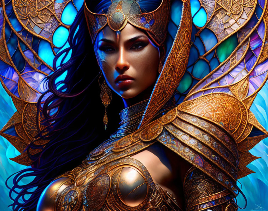 Fantasy warrior woman digital artwork with golden armor and winged helmet