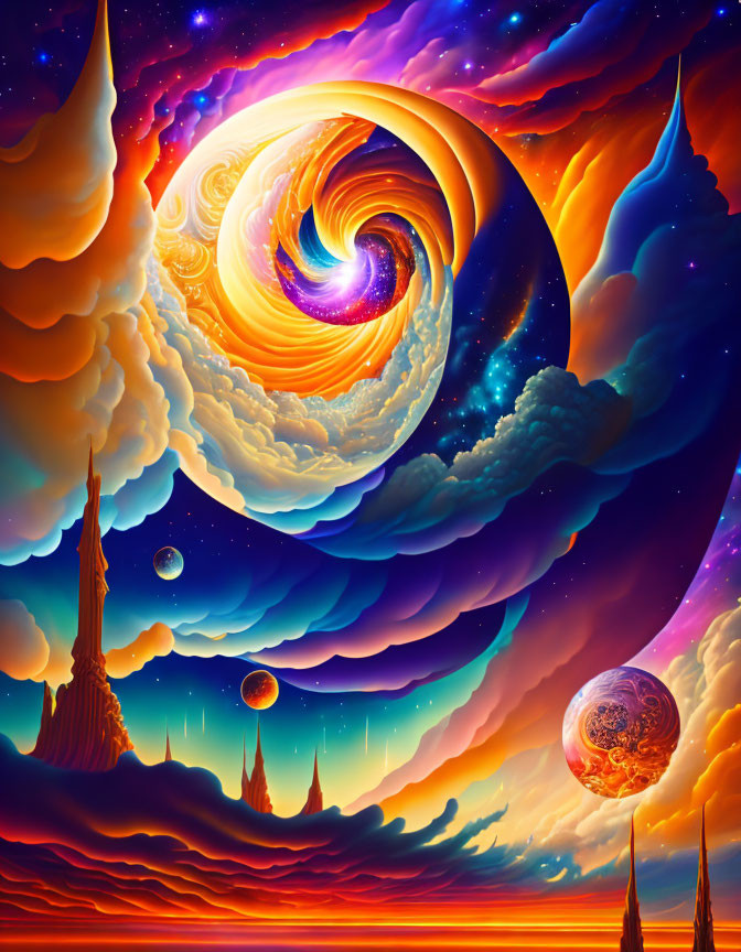 Surreal cosmic landscape with swirling galaxies and floating islands