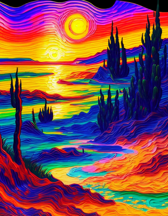 Colorful, swirling rendition of a famous night sky painting