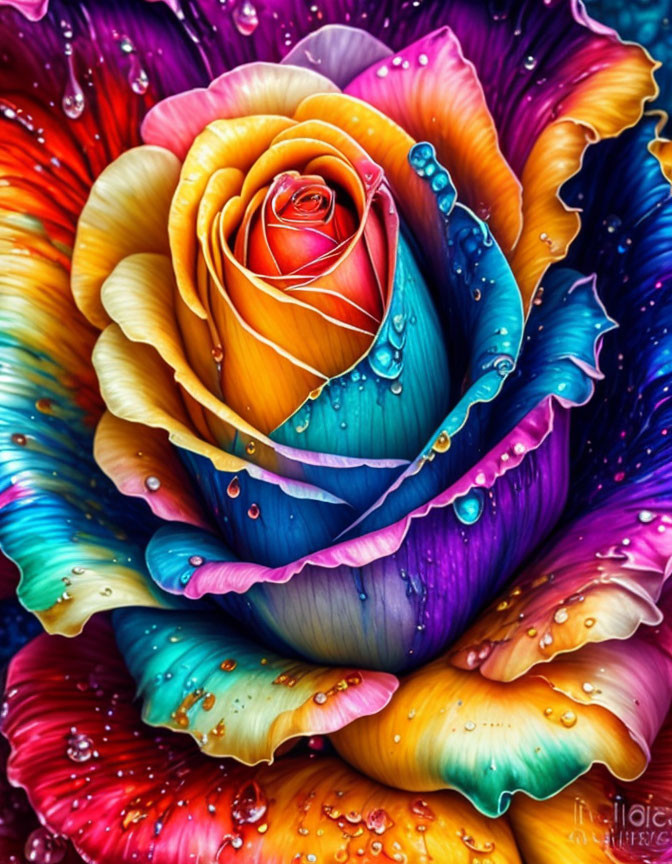 Colorful Rose with Multicolored Petals and Water Droplets