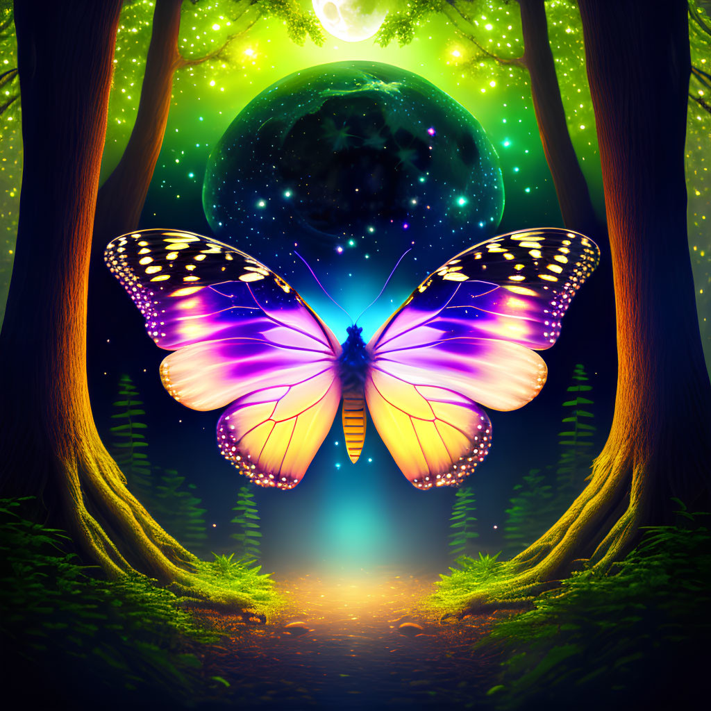 Digital artwork: Glowing butterfly in magical forest with green aurora