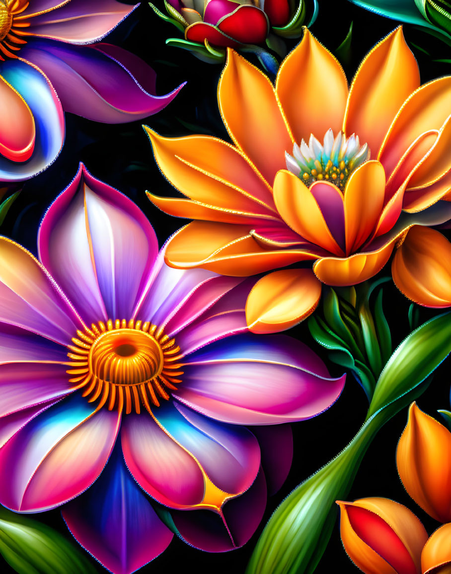 Colorful Stylized Flower Artwork on Dark Background