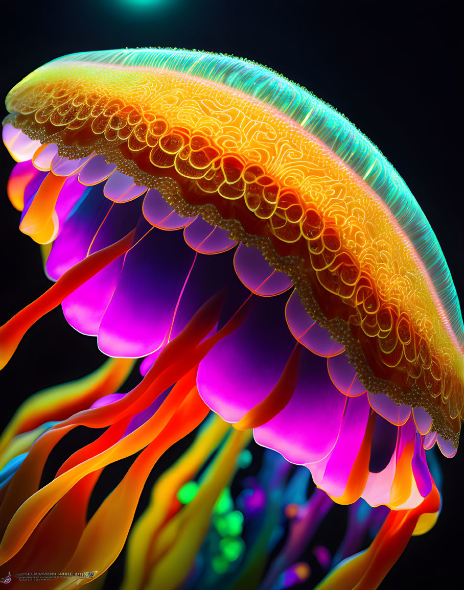 Colorful Jellyfish with Neon Tentacles on Dark Background