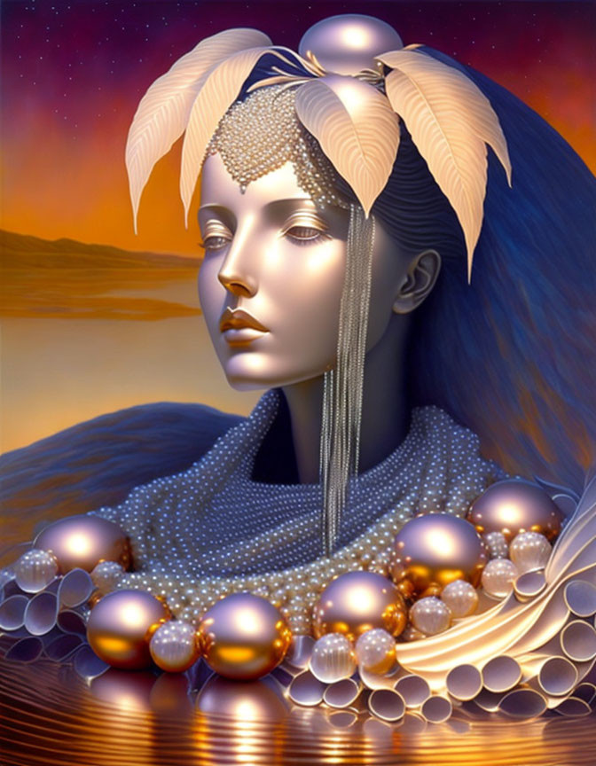 Silver-faced female figure with white feathered headpiece in surreal portrait