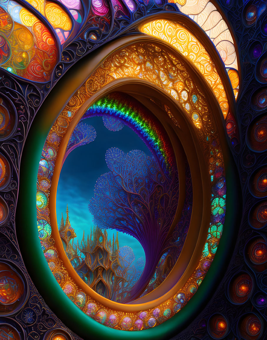 Colorful fractal tunnel leading to magical landscape with stylized trees