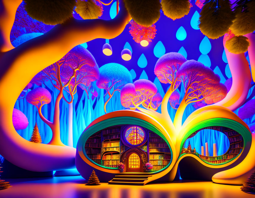 Fantasy night landscape with infinity library and glowing trees