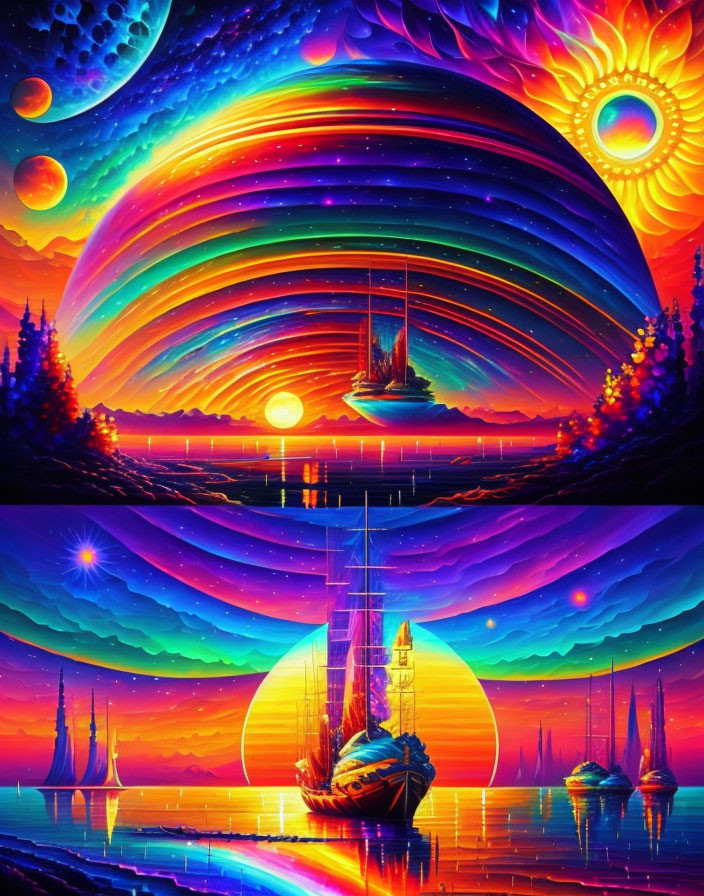 Colorful psychedelic artwork: sailing ships on luminous sea with swirling skies, sun, moon, celestial