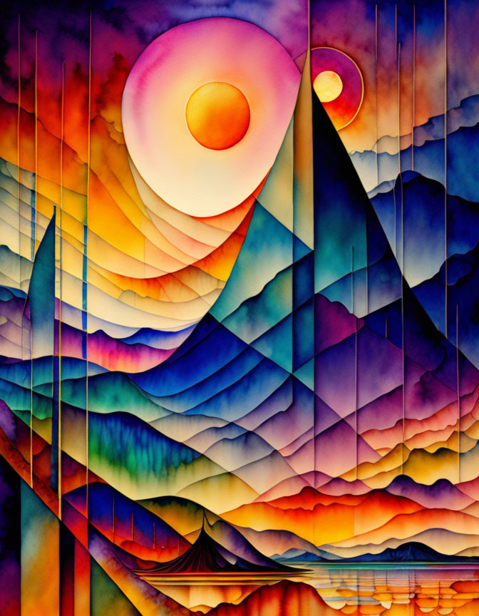 Abstract Watercolor Painting: Vibrant Hills, Sun Circle, Geometric Patterns