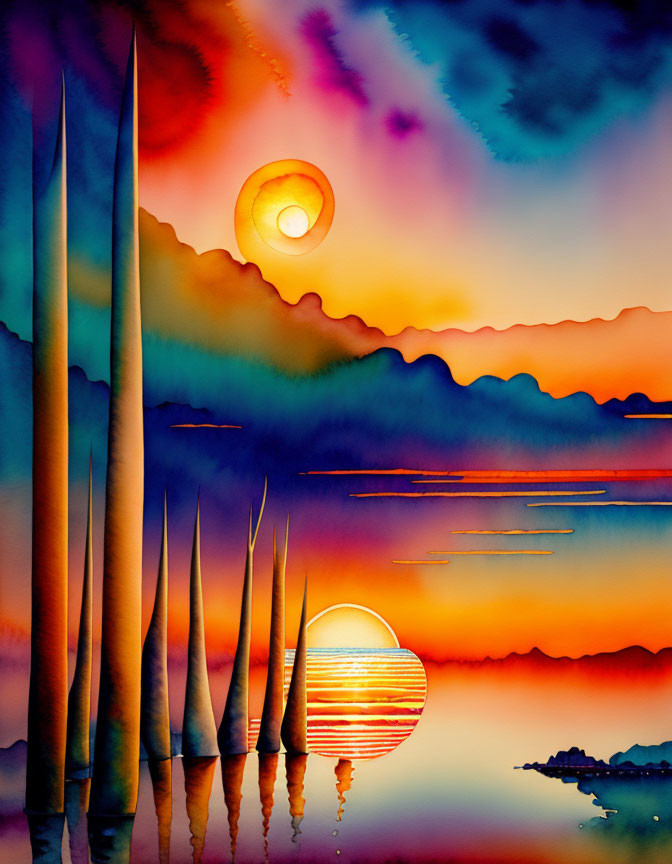 Colorful Watercolor Painting of Reeds at Sunset