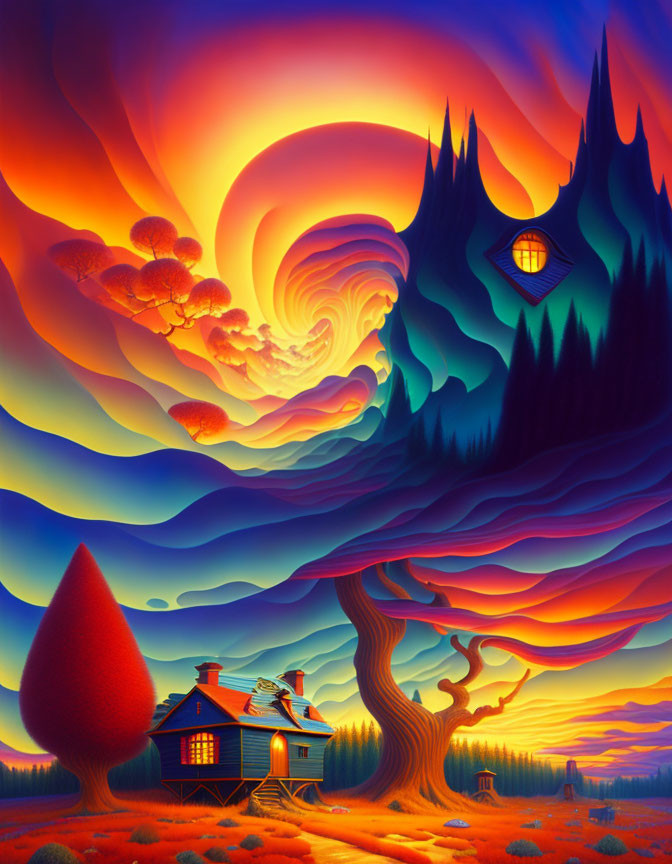 Surreal landscape with swirling skies and whimsical house under warm sunset