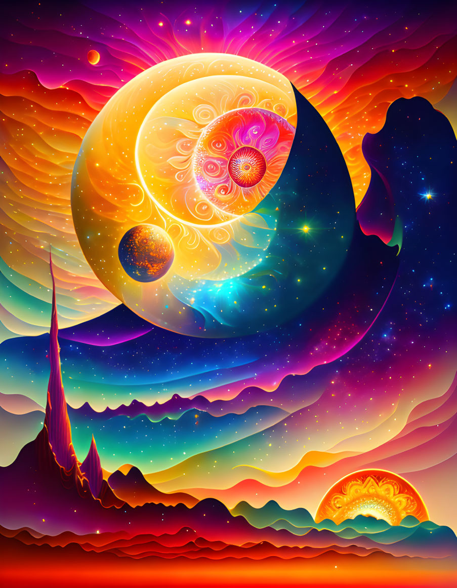 Colorful Psychedelic Artwork of Cosmic Scene with Planets and Silhouette