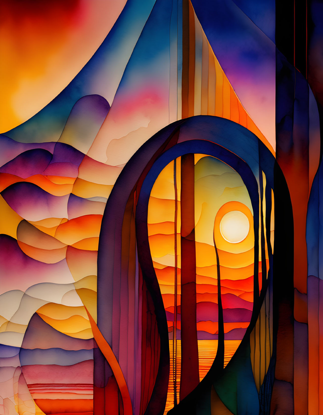 Colorful Abstract Art: Sunset Over Water with Flowing Shapes