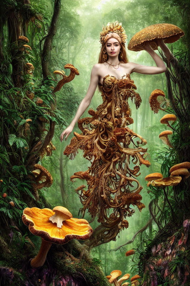 Mystical forest scene: woman in golden crown, floating among giant mushrooms, wearing gown of roots