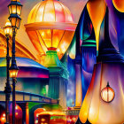 Colorful watercolor cityscape with abstract shapes and warm tones depicting a lamppost and buildings at