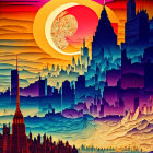 Colorful Psychedelic Landscape with Sun, Trees, and Swirling Sky