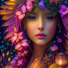 Woman with autumn leaves and butterflies crown in mystical setting