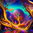 Colorful surreal landscape with orange tree-like formations, reflective water, and starry sky.