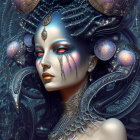 Ethereal woman portrait with ornate jewelry in cosmic setting