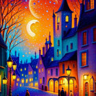 Vibrant orange and purple cityscape at dusk with ornate buildings and illuminated lanterns