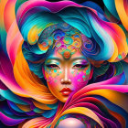 Colorful digital artwork: Woman in oversized sunglasses amidst swirling patterns