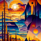 Colorful Stylized Landscape with Sun, Planets, and Abstract Patterns