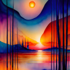 Abstract image: Multiple suns in gradient sky with tree and mountain silhouettes