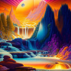 Fantastical landscape painting with large sun, mountains, trees, and water