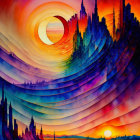 Colorful abstract landscape with sunset, waves, trees, and stylized patterns.