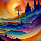 Colorful artwork: stylized waves, layered sunset, pine trees, decorative sky