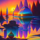 Futuristic cityscape with spires, reflective surface, transitioning sky, and flying bird.