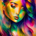 Colorful Psychedelic Digital Artwork of Woman with Floral Patterns