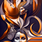 Colorful Abstract Art: Stylized Female Faces with Flowing Lines and Geometric Shapes