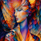 Colorful digital artwork featuring a woman with intricate patterns and mandalas in blue, orange, and