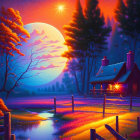 Colorful Twilight Village Scene with Rolling Hills and Serene River