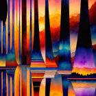 Abstract futuristic digital art: Neon pyramids in blues, oranges, and purples