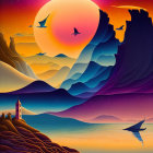 Colorful psychedelic desert landscape with stylized pyramids under patterned sky