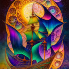 Vibrant sailing ship painting with intricate designs on abstract celestial background