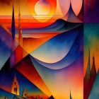 Surreal sunset artwork with multiple moons and vibrant landscape