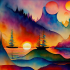 Colorful sunset painting with mountainous landscape, hills, lake, and aurora-like sky.