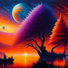 Colorful illustration: Woman with cosmic landscape silhouette on surreal sunset background