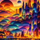 Vibrant psychedelic cityscape with whimsical buildings