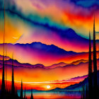 Vibrant sunset illustration with tree silhouettes and mountain layers