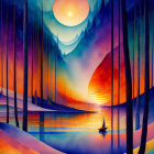 Colorful Stylized Landscape with Elongated Trees and Glowing Sunset