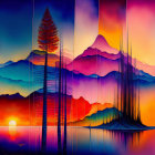 Colorful sunset landscape with layered mountains and reflective waters