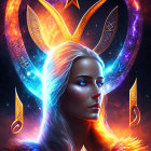 Fantasy female warrior digital artwork with fiery and icy aura in cosmic setting