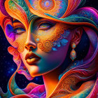 Colorful digital art: Woman with neon skin and cosmic floral patterns