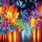 Colorful floral painting above reflective water with warm light.