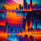 Vibrant abstract art: stylized sunset with hills and water